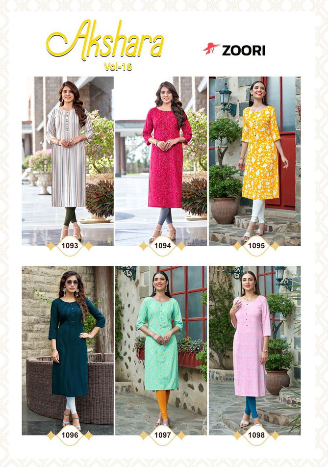 Zoori Akshara 16 Designer New Regular Wear Rayon Kurti Collection